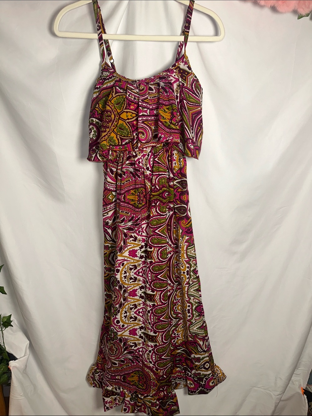 Women's Pink Paisley Maxi Dress with Ruffle Bodice